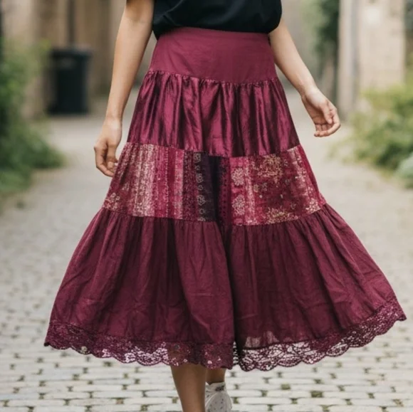 Dolled Up Patchwork Tiered Midi Skirt | Lace Hem | Boho | Size M - Picture 1 of 4